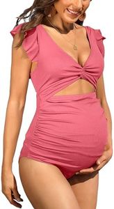 Charmo High Waist Ruched Maternity Swimsuit One Piece Ruffle Bathing Suit Ribbed Pregnancy Swimwear Light Colral XL