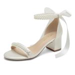 PALSCOU Block Heel Wedding Sandals, Pearl Embellished Ankle Strap, Low Heel Bridal Shoes for Women, Size EU 36-41, Ivory, 6