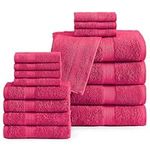 Lane Linen 16 Pc Bath Towels - 100% Cotton Towels for Bathroom, Premium Quality Hotel Towels, Highly Absorbent Bathroom Towel Set, Super Soft, 4 Bath Towels, 4 Hand Towels, 8 Wash Cloths - Fuchsia