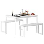 sogesfurniture 3 Piece Dining Table Set with 2 Benches, 45 inches Wooden Kitchen Table and Bench Seat for 4, Space-Saving Rectangular Dining Table with Sturdy Metal Frame, BHCA-10JYBCYZLD01-WH