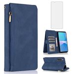 Asuwish Compatible with Sony Xperia 10 V (6.1 Inches) Wallet Case Tempered Glass Screen Protector and Zipper Retro Leather Flip Cover Card Holder Stand Cell Accessories for Sony10 10V Women Men Blue