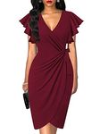 oten Womens Deep V Neck Ruffle Sleeve Sheath Casual Cocktail Party Work Faux Wrap Dress Burgundy X-Large