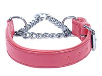 Ace Adjustable PADDED Half check/Martingale K9 Leather Dog Collar: (fits up to 20" including chain (1" wide)., Pink)