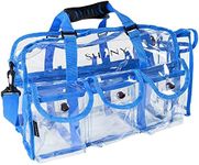 SHANY Cosmetics Shany Clear PVC Makeup Bag - Large Professional Makeup Artist Rectangular Tote with Shoulder Strap and 5 External Pockets - Blue, Blue