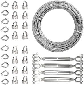 Fologtoo 3/16" Wire Rope Kit, 100ft Stainless Steel Cable with 4Pcs 3/16 Turnbuckle, Thimbles, Clips, 500 lbs Working Load Limit, 7x19 Strands Heavy Duty Cable for Yard Zipline, Clothesline, Trailers