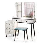 RELAX4LIFE Dressing Table and Stool Set, Vanity Desk Set with 5 Drawers, Storage Shelves, 3-Color LED Lights & Charging Function, Makeup Dresser Desk Bedroom Furniture (White, Rectangular Mirror)