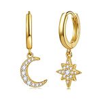 Dangle Hoop Earrings for Women Teen Girls, Spike Star Moon Pearl Sun Flower Heart Cross Chain Gold Huggie Tiny Drop Earrings, 925 Sterling Silver Hypoallergenic Fashion Jewelry Gift (Star Moon-Gold)