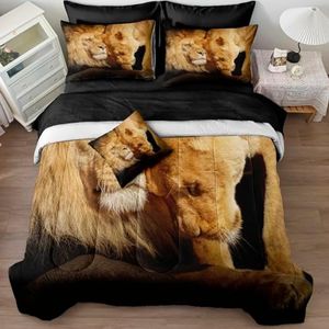 Lion Comforter Set King Size Wild Animal Sheet Set Couple Lion Bedding Home Decor Black Bed in a Bag 8 Pieces with 1 Cushion Cover (King, Lion)