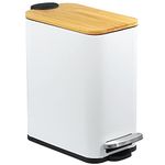 Small Trash Can with Bamboo Lid Soft Close, 5L Pedal Bin, Rectangular Garbage Can with Inner Bucket for Bathroom, Bedroom, Powder Room, Craft Room, Office (White)