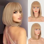 FESHFEN Short Blonde Bob Wig with Fringe for Women Medium Length Synthetic Wigs with Bangs Straight Hair Wigs for Cosplay Costume Party Daily 14 inch