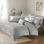 Intelligent Design Raina Full/Queen Comforter Set, Soft Microfiber Comforter Set Queen, Modern Geometric Metallic Bed Set, 5 Pieces College Bedding Comforter Set with 2 Shams, 2 Toss Pillows Grey