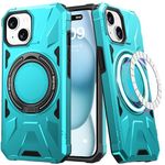 AUPAI Strong Magnetic for iPhone 15 Case - Military-Grade Drop Tested - Built-in Kickstand Shockproof Protective Phone Case 6.1” for Men Women Girls- Turquoise