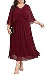 Hanna Nikole Sleeveless V Neck Party Maxi Dress for Women Plus Size Empire Waist Chiffon Bridesmaid Long Dresses Wine Red 1X