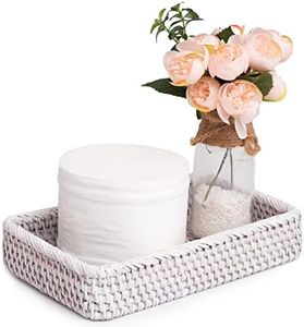 Farmhouse Toilet Paper Holder 10 x 6 x 2 in White Serving Tray Decorative Toilet Paper Basket Storage Bathroom Sink Vanity Trays Shallow Storage Bins Vanity Tray Rattan Guest Towel Napkin (White Wash)