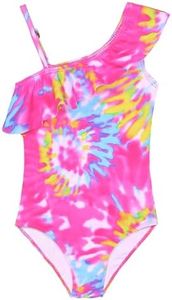 Girls Bathing Suit Size 9-10 Years Old Pink Tie Dye One Shoulder Ruffle Swimsuit