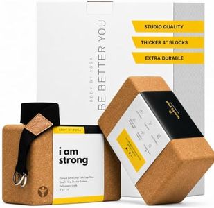 Cork Yoga Blocks 2 Pack – High Density Non Slip with Select Cork Grain for Chip-Resistant Durability | Extra Thick 4” for Support & Stability | Natural, Smooth, and Crumble Free | Body By Yoga (I Am Strong, With Strap)