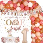 Boho Rainbow 1st Birthday Decorations for Girl, Isn’t She Lovely Isn't She Onederful Backdrop Cake Topper Apricot Pink Balloon Garland Arch Kit High Chair Banner Photo Banner Number 1 Foil Balloon