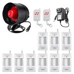 TOWODE Standalone Home Office & Shop Security Alarm System Kit, Wireless Loud Indoor/Outdoor Weatherproof Strobe Siren Horn with 2 Remote Control and 9infrared Motion Sensor Alarm