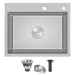 ROVOGO 20x16x9 in. Drop in Kitchen Sink 304 Stainless Steel with 2 Holes, Single Bowl Sink for Kitchen, Handmade Modern Sink Top Mount Anti-Noise with Tight Radius Corners, Drain Included, Brushed