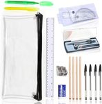 18 PCS School Stationary Sets, Back to School Stationery Set, Exam Stationery Set, Assorted Stationery Pack with 4 Graphite Pencils, 4 Pens, 2 Highlighter, Eraser & Sharpener, Compass, Pencil Case