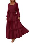 PRETTYGARDEN Women's Long Sleeve Smocked Maxi Dress Casual Square Neck Swiss Dot Tiered Ruffle Flowy Pocket Dresses (Wine Red,Medium)