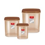 MILTON Quadra Modular Multi-Purpose Plastic Containers with Lid, Set of 3 (2L, 3L & 4L) Kitchen Storage Container Set for Spices, Atta, Grains Organizers, Transparent Dabba, Brown