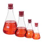 Supertek Set of 4 Transparent Conical Flask with Rubber Stopper | Narrow Neck Borosilicate Glass 3.3 for Chemistry Lab Experiments | Filtration Heating (Cap. 50ml, 100 ml, 250ml, 500ml)