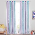 NICETOWN Kids Curtains Bedroom Window Drapes Star Hollow Out White Net Sheer Overlay Princess Style Nursery Room Decor (2 Pcs, W52 x L63, Teal and Purple, 4 Tie Backs Included)