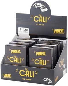 Cali by VIBES Premium Pre-Rolled Ultra Thin Cones with 1/2 Gram Capacity, Pack of 8 with 20 Cali's per Pack, Wide Cylindrical Shape, Hand-Rolled Cones, Slow-Burning Paper with Unique Blends