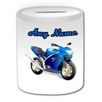 Personalised Gift - Motorcycling Money Box (Sport Design Theme, White) - Any Name/Message on Your Unique - Piggy Bank Saving Jar Pot - Motorcycle Racing Motor Bike