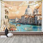 ABAKUHAUS European Tapestry, Grand Canal in Venice Italy Historic European Cityscape Town Tower Boho Print, Fabric Wall Hanging Decor for Bedroom Living Room Dorm, 90 W X 54 L, Ecru Blue