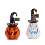 Valery Madelyn Cute Halloween Pumpkin Decorations with Lights, Set of 2 Resin Halloween Figurines White and Orange Statues with Witch Hat for Indoor Outdoor Home Table Party Decor, 6.5inch Tall