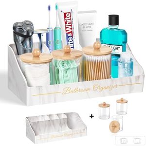 Bathroom Countertop Organizer, Toothbrush Holders for Bathroom with 3PCS Qtip Holder Dispenser and Toothpaste Holder Drainage for Bathroom Accessories Organization Counter Vanity Storage-Marble White