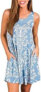 Boho Tshirt Dresses for Women Sleeveless Summer Beach Floral Shift Pockets Casual Swing Loose Damask (XL, Light Blue)