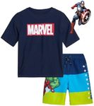 Marvel Boys' Avengers Rash Guard Set - Captain America, Iron Man Swim Shirt and Trunks (2T-7), Size 3T, Navy Avengers Multi Stripe