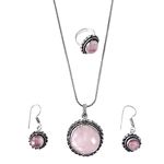 Shubhanjali Rose Quartz Crystal Necklace Set for Women Girls | Stylish Pendant Ring Earring Jewellery Set for Women Couple Love Anniversary Wedding Gifts for Women