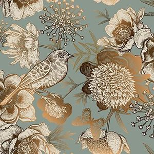 ReWallpaper 17.5in×39ft Gold Peel and Stick Wallpaper Vintage Floral Wallpaper Gold Birds Floral Removable Wallpaper Stickers for Walls Bedroom Living Room Decor Self Adhesive Teal Vinyl Contact Paper