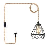 IHENGYANLT Farmhouse Plug in Pendant Light, Hemp Rope Hanging Lamp with Switch Plug in Cord, 15 Ft Lamp Kit, Industrial Diamond Metal Cage Pendant Lamp,for Bedroom Living Room Kitchen Island…