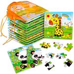 SANNIX 12 Pack Jigsaw Puzzles for Toddlers Wooden Animals Jigsaw Puzzles 9 pcs with 12 Organize Bags for Kids Ages 2 3 4 5 Preschool Educational Puzzles Learning Travel Toys for Boys and Girls