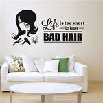 UILMNIY Hair Beauty Salon Wall Decal Vinyl Haircut Hairdressing Decor Sticker for Barber Shop Art Quotes Life is Too Short to Have Bad Hair Removable Hairstyle Wall Stickers Wallpaper AFN15 (Black)