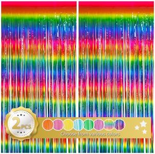 BEISHIDA 2 Pack Dark Rainbow Colorful Foil Fringe Curtain, Assort Color Tinsel Metallic Curtains Photo Backdrop for Birthday Party Wedding Engagement Bridal Shower