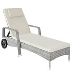 TecTake® Rattan Garden Sun Lounger, 6-Level Adjustable Backrest, Plastic Weave, Outdoor and Indoor Use, Easy-Care Garden Recliner Chair with Padding & Cushion, Rubber Wheels - light grey