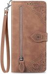 Blllue Wallet Case Compatible with Motorola G51 5G, Embossed Flower Leather Zipper Pocket Purse Case with 7 Card Slot for Moto G51 5G (Brown)