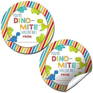 Dino-Mite Dinosaur Valentine Party Favor Sticker Labels for Boys, 40 2" Party Circle Stickers by AmandaCreation, Great for Classroom Valentines, Envelope Seals, Gifts & Treats