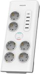 Philips SPN7060WA/10 Power Strip with 6 Schuko Sockets, 4 Ports USB 35W and 1 Type C, Power Block, Braided Cable, 2 Meters High Strength, Safety Lock (Prot-LED Indicator), White