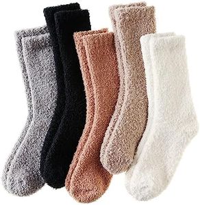 Velice Womens Fuzzy Socks Soft Cozy Fluffy Slipper Socks Winter Warm Plush Sleeping Christmas Socks 5 Pairs, Black/Grey, One Size