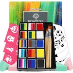 Bowitzki 15 Colors x 10gm Professional Face Painting Kit For Kids Adults Face Body paint Set with Stencil One Stroke Split Cakes Palette Non Toxic Rainbow Flora Dolphin Unicorn Flame Paint