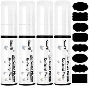 NowPE Gesso Liquido Bianco, 4 Pezzo 15mm Pennarelli Lavagna Gesso + 16pcs Etichette di Lavagna, Marcatore a Punta Larga 15mm, Asciutto o Bagnato Cancellabili per Lavagna, Finestra e Vetro