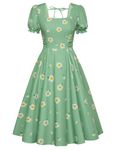 Belle Poque 1950s Dresses for Women Smocked Back Retro Wedding Guest Party Dress with Pockets Floral-Green M