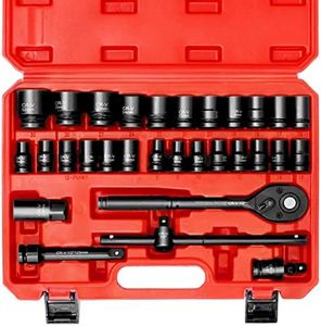 ADVWIN 1/2” Drive Impact Socket Set, 6-Point Metric Deep Socket Set | 30 Piece Cr-V Steel 8-32mm | Ratchet Handle | Extension Bars | Impact Universal Joint, High Torque Automotive Repair Tool Kit